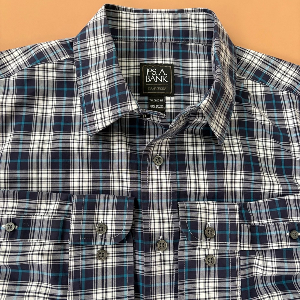 JOS A BANK Traveler Mens L Blue Plaid Button Down Shirt Tailored Fit Career Work